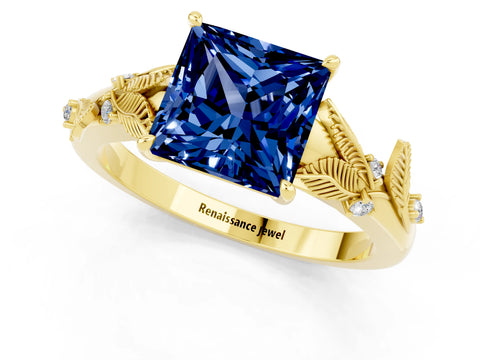 Yellow gold Princess Cut Blue Sapphire Solitaire Ring with Leaf Motif Band and Four-Prong Setting_1