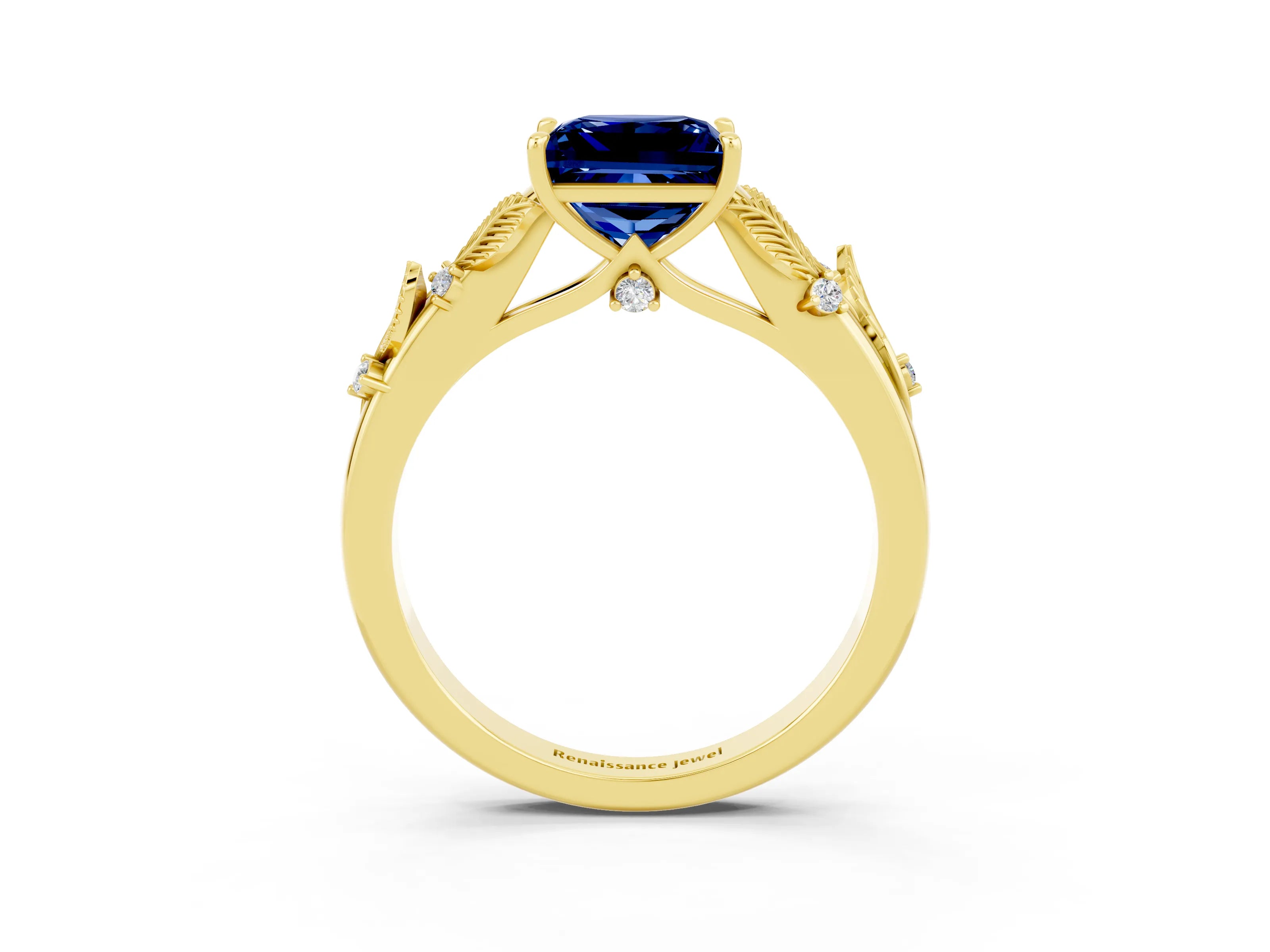 Yellow gold Princess Cut Blue Sapphire Solitaire Ring with Leaf Motif Band and Four-Prong Setting_3