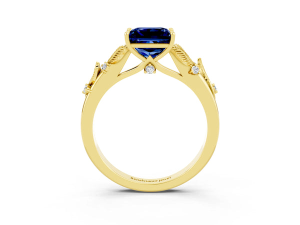 Yellow gold Princess Cut Blue Sapphire Solitaire Ring with Leaf Motif Band and Four-Prong Setting