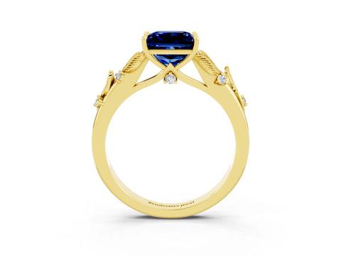 Yellow gold Princess Cut Blue Sapphire Solitaire Ring with Leaf Motif Band and Four-Prong Setting_3