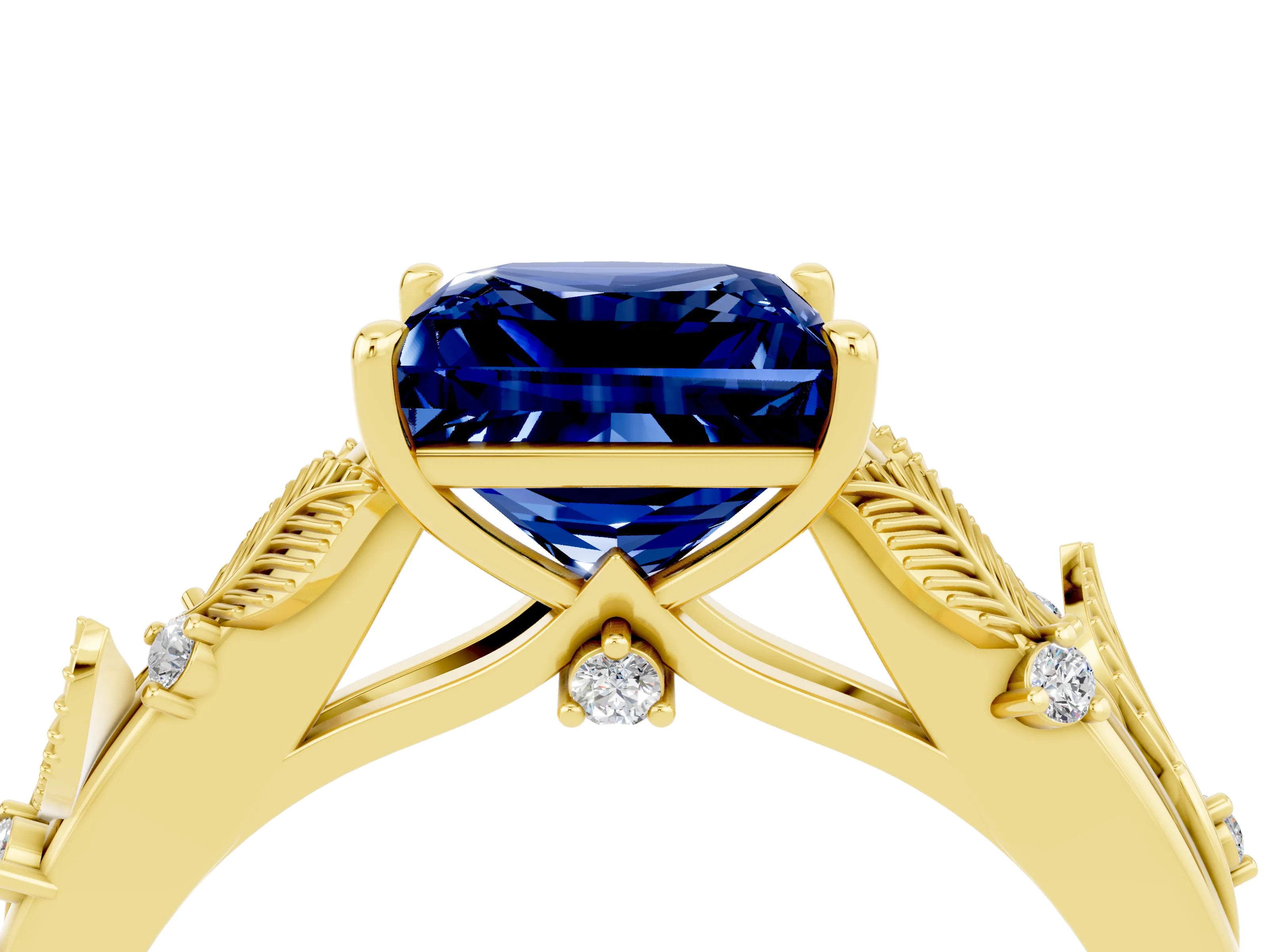 Yellow gold Princess Cut Blue Sapphire Solitaire Ring with Leaf Motif Band and Four-Prong Setting_4