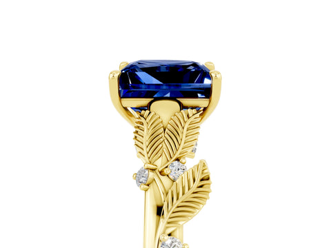 Yellow gold Princess Cut Blue Sapphire Solitaire Ring with Leaf Motif Band and Four-Prong Setting_5