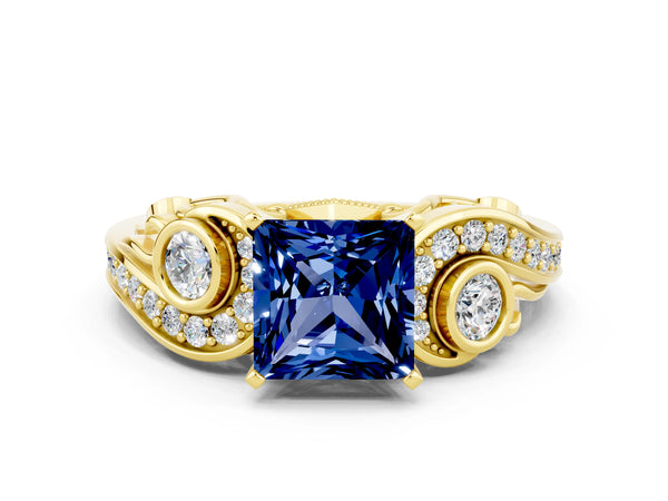 Yellow gold Princess Cut Blue Sapphire Solitaire Ring with Milgrain Pavé Band and Four-Prong Setting