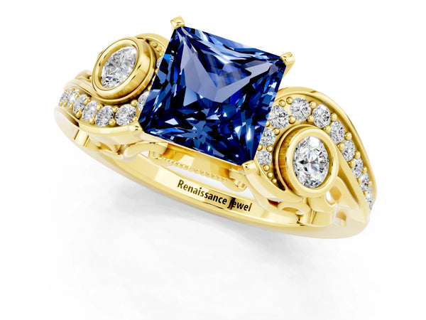 Yellow gold Princess Cut Blue Sapphire Solitaire Ring with Milgrain Pavé Band and Four-Prong Setting