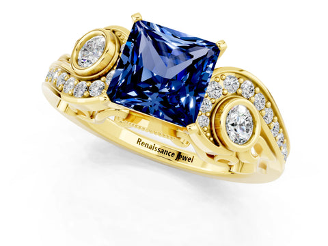 Yellow gold Princess Cut Blue Sapphire Solitaire Ring with Milgrain Pavé Band and Four-Prong Setting_25