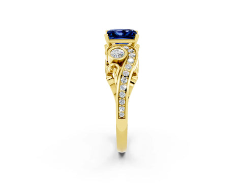 Yellow gold Princess Cut Blue Sapphire Solitaire Ring with Milgrain Pavé Band and Four-Prong Setting_26