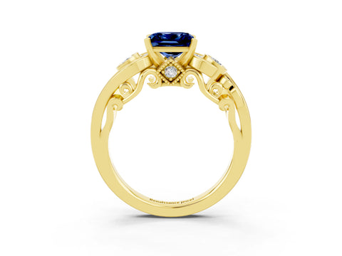 Yellow gold Princess Cut Blue Sapphire Solitaire Ring with Milgrain Pavé Band and Four-Prong Setting_27