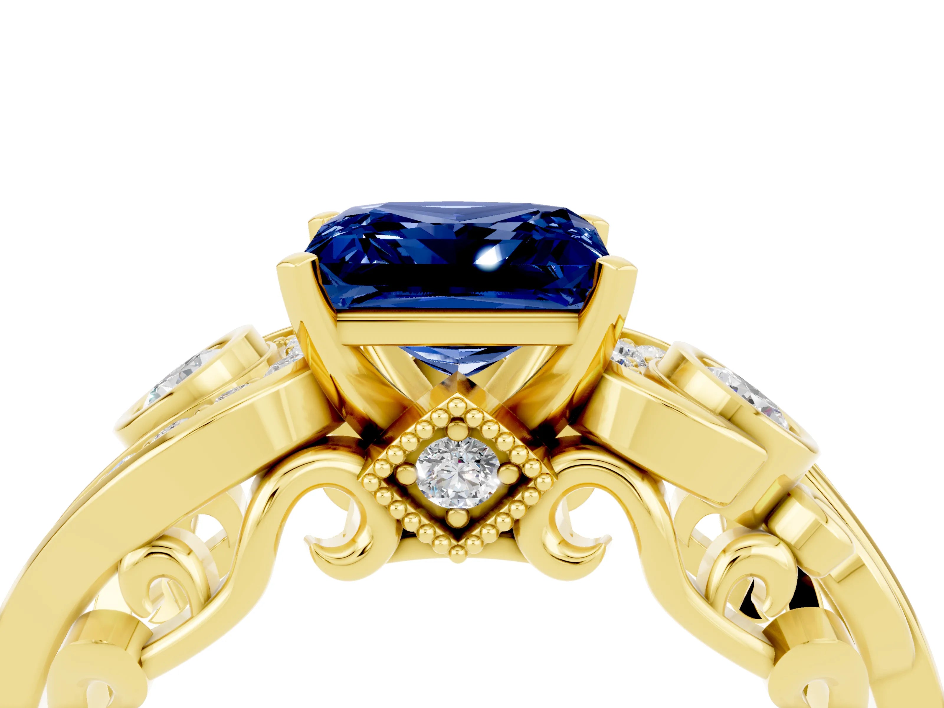 Yellow gold Princess Cut Blue Sapphire Solitaire Ring with Milgrain Pavé Band and Four-Prong Setting_28