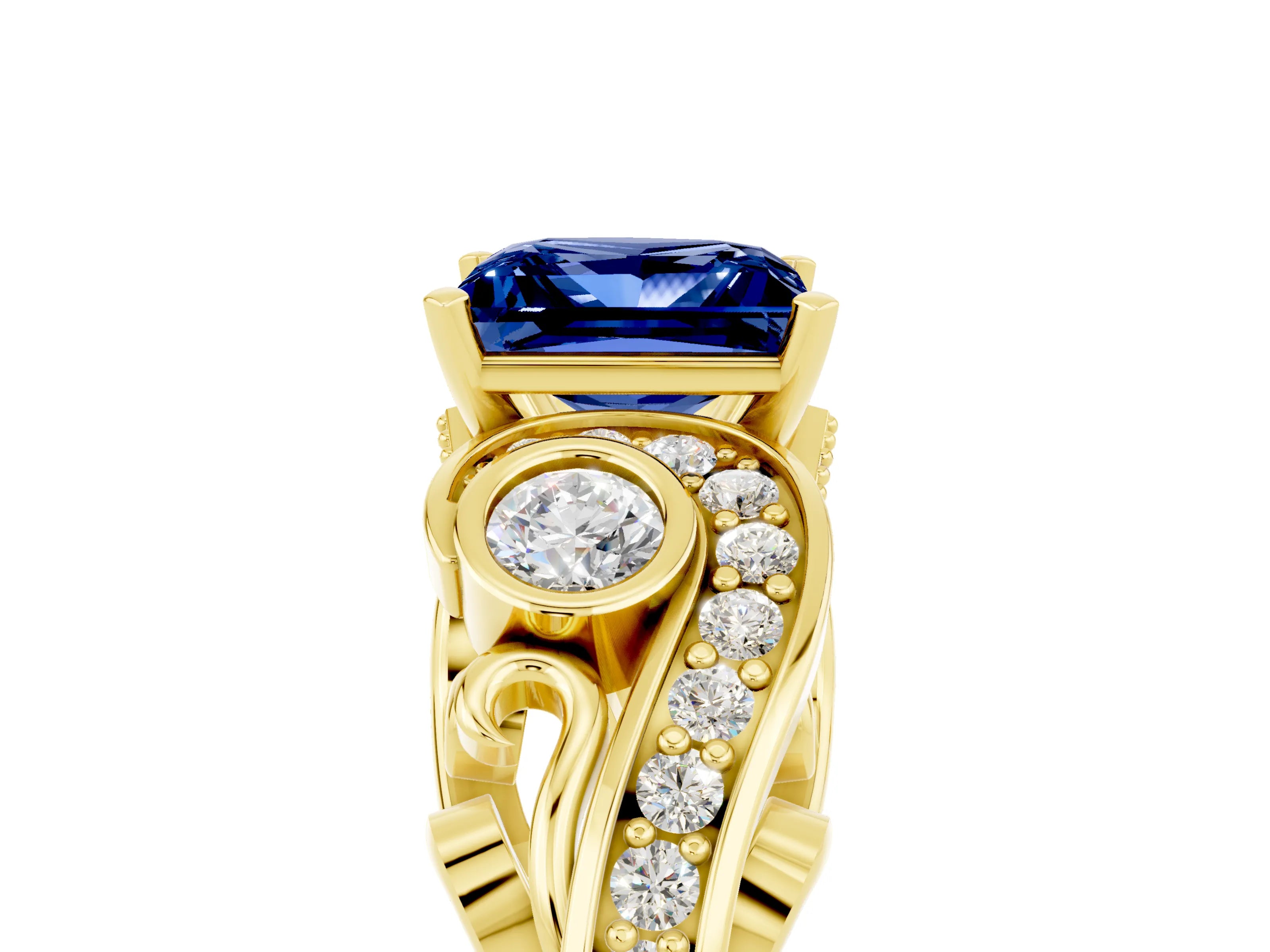 Yellow gold Princess Cut Blue Sapphire Solitaire Ring with Milgrain Pavé Band and Four-Prong Setting_29