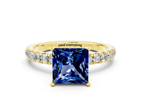 Yellow gold Princess Cut Blue Sapphire Solitaire Ring with Pavé Accents and Four-Prong Setting