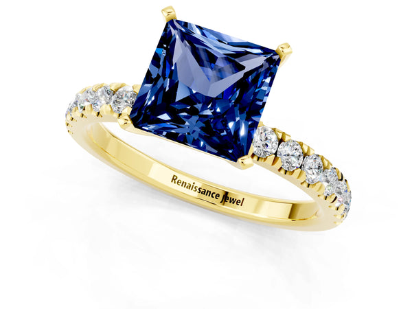 Yellow gold Princess Cut Blue Sapphire Solitaire Ring with Pavé Accents and Four-Prong Setting