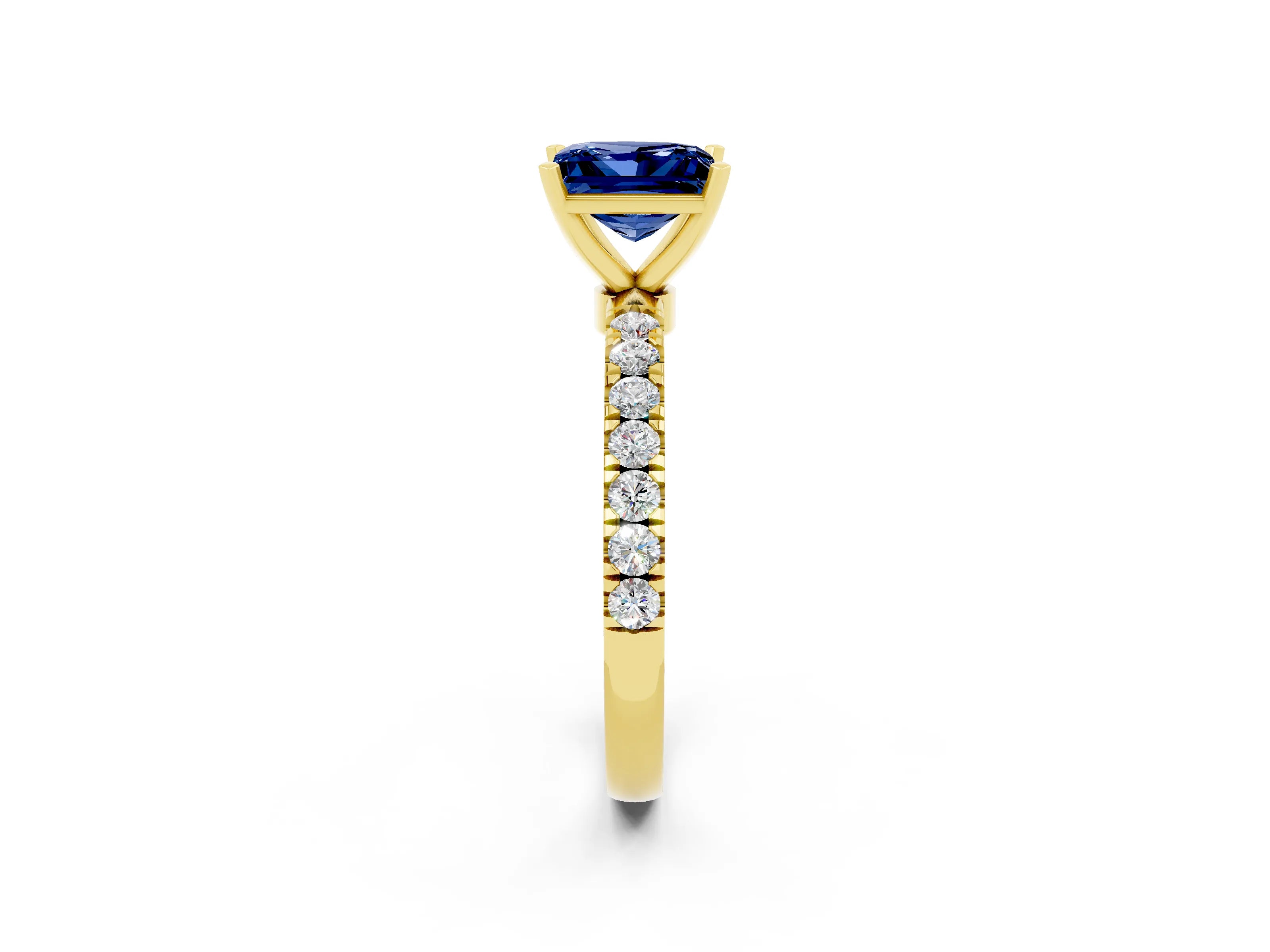 Yellow gold Princess Cut Blue Sapphire Solitaire Ring with Pavé Accents and Four-Prong Setting_2
