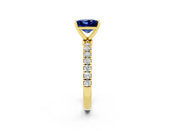 Yellow gold Princess Cut Blue Sapphire Solitaire Ring with Pavé Accents and Four-Prong Setting