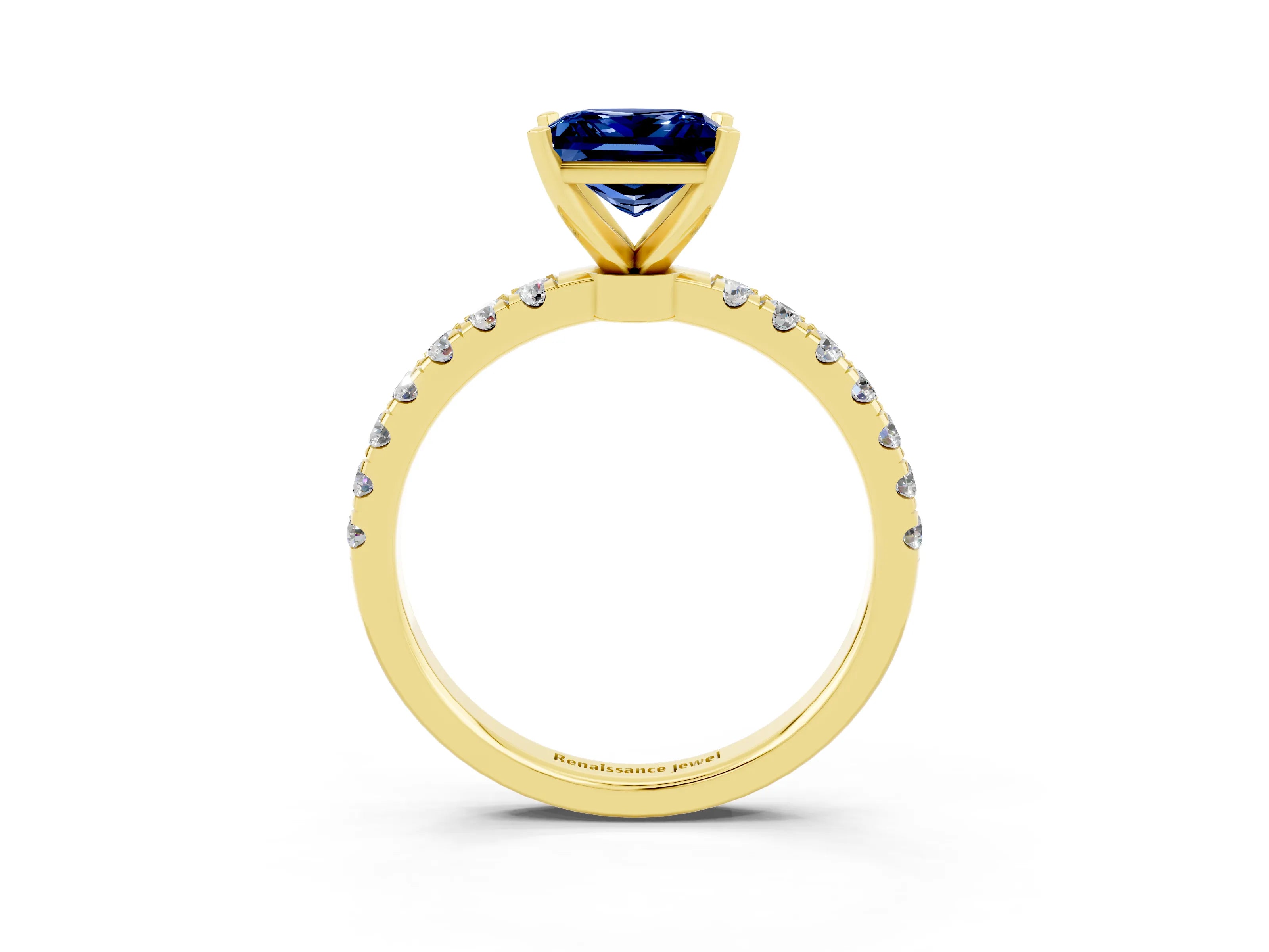 Yellow gold Princess Cut Blue Sapphire Solitaire Ring with Pavé Accents and Four-Prong Setting_3
