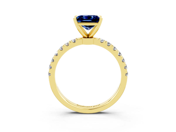 Yellow gold Princess Cut Blue Sapphire Solitaire Ring with Pavé Accents and Four-Prong Setting