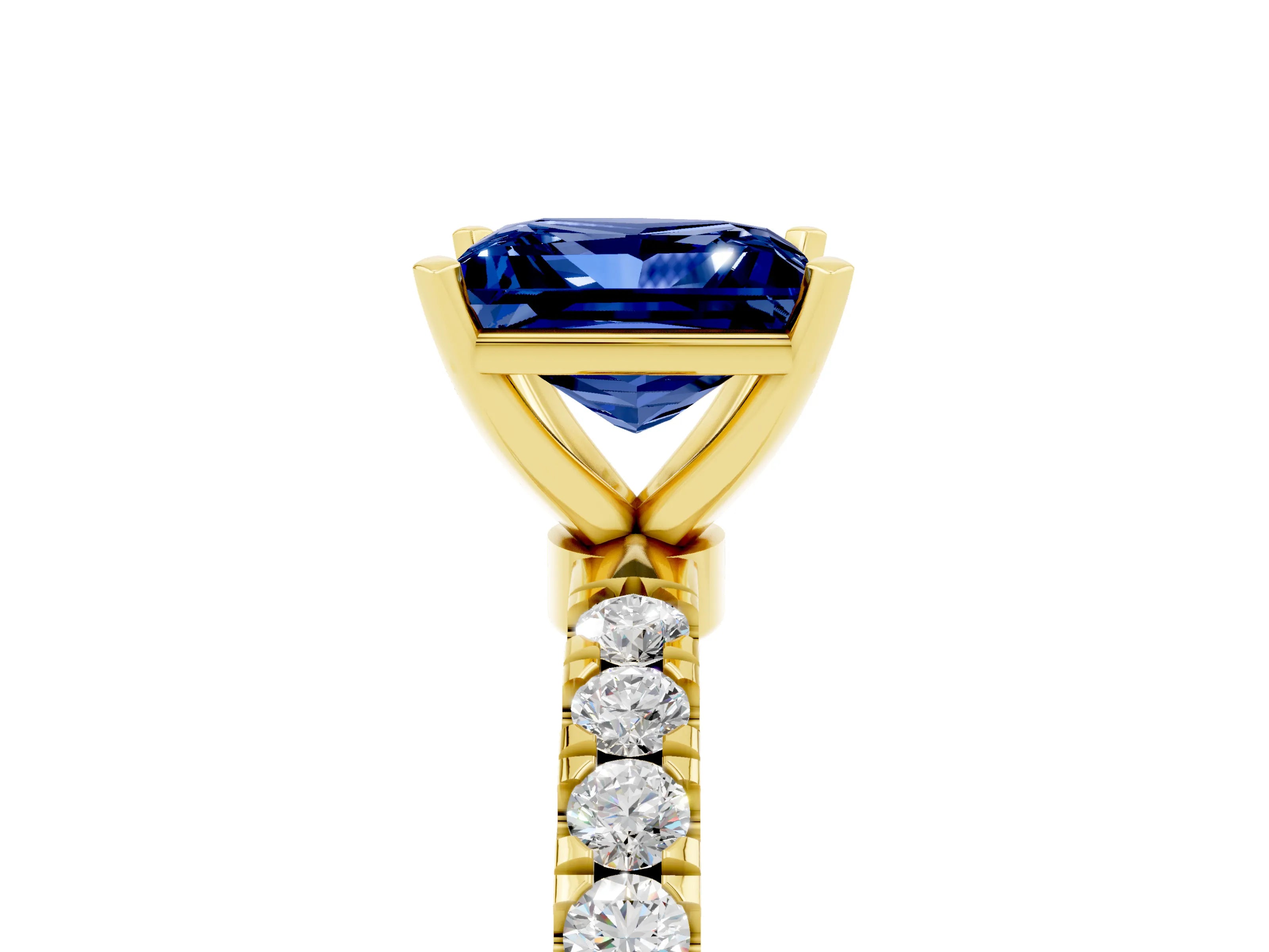 Yellow gold Princess Cut Blue Sapphire Solitaire Ring with Pavé Accents and Four-Prong Setting_5