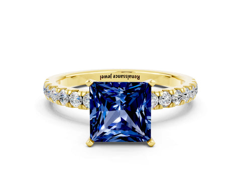 Yellow gold Princess Cut Blue Sapphire Solitaire Ring with Pavé Accents and Four-Prong Setting