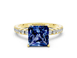Yellow gold Princess Cut Blue Sapphire Solitaire Ring with Pavé Band and Four-Prong Setting_12