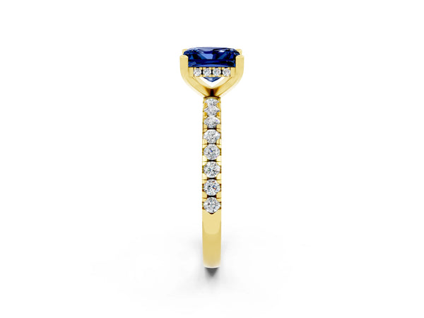 Yellow gold Princess Cut Blue Sapphire Solitaire Ring with Round  Pavé Band and Four-Prong Setting