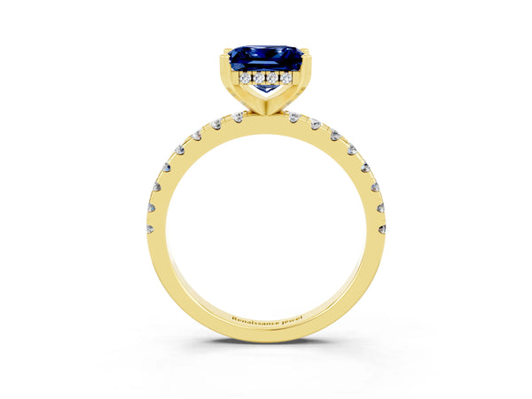 Yellow gold Princess Cut Blue Sapphire Solitaire Ring with Round  Pavé Band and Four-Prong Setting