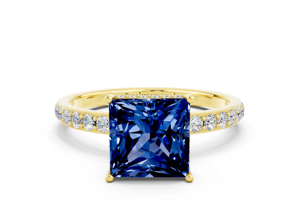 Yellow gold Princess Cut Blue Sapphire Solitaire Ring with Pavé Band and Hidden Halo