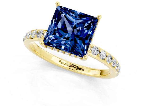 Yellow gold Princess Cut Blue Sapphire Solitaire Ring with Pavé Band and Hidden Halo