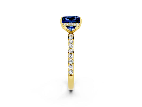 Yellow gold Princess Cut Blue Sapphire Solitaire Ring with Pavé Band and Hidden Halo