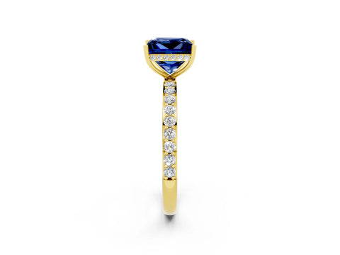 Yellow gold Princess Cut Blue Sapphire Solitaire Ring with Pavé Band and Hidden Halo_14
