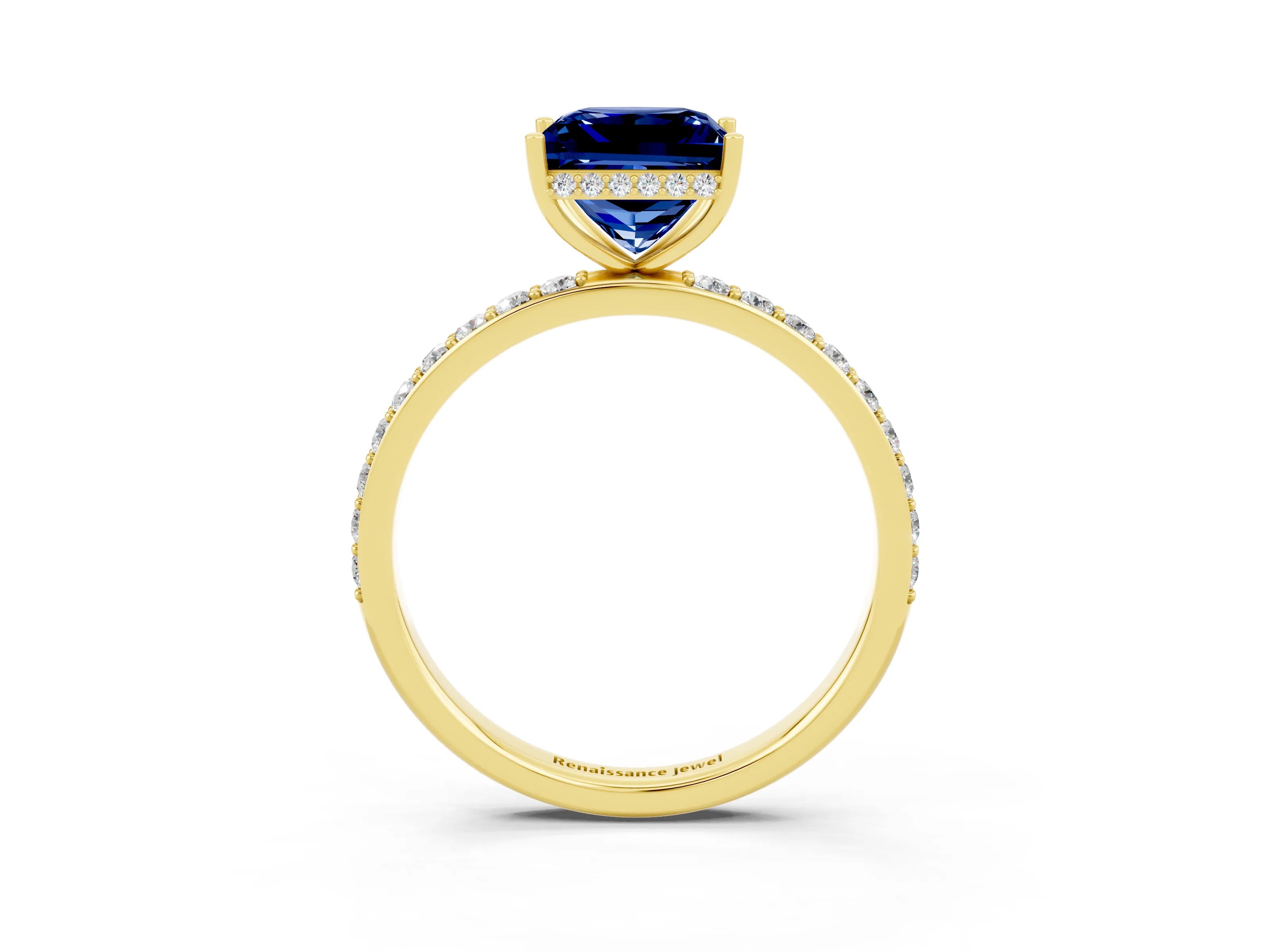 Yellow gold Princess Cut Blue Sapphire Solitaire Ring with Pavé Band and Hidden Halo_15