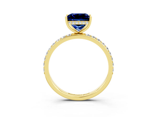 Yellow gold Princess Cut Blue Sapphire Solitaire Ring with Pavé Band and Hidden Halo