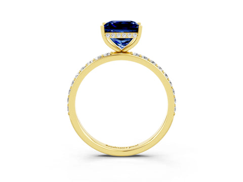 Yellow gold Princess Cut Blue Sapphire Solitaire Ring with Pavé Band and Hidden Halo_15