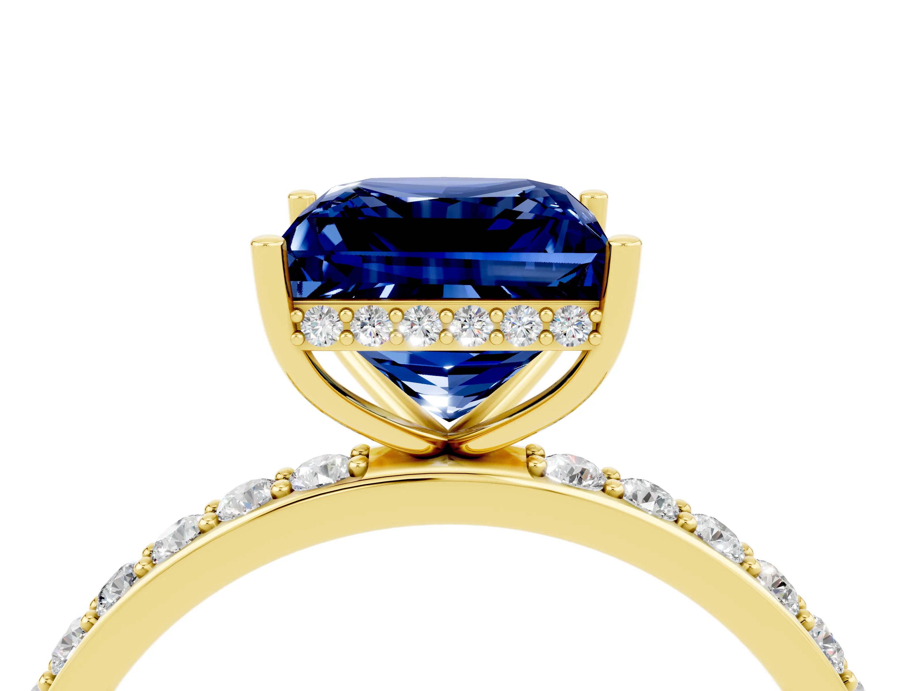 Yellow gold Princess Cut Blue Sapphire Solitaire Ring with Pavé Band and Hidden Halo_16