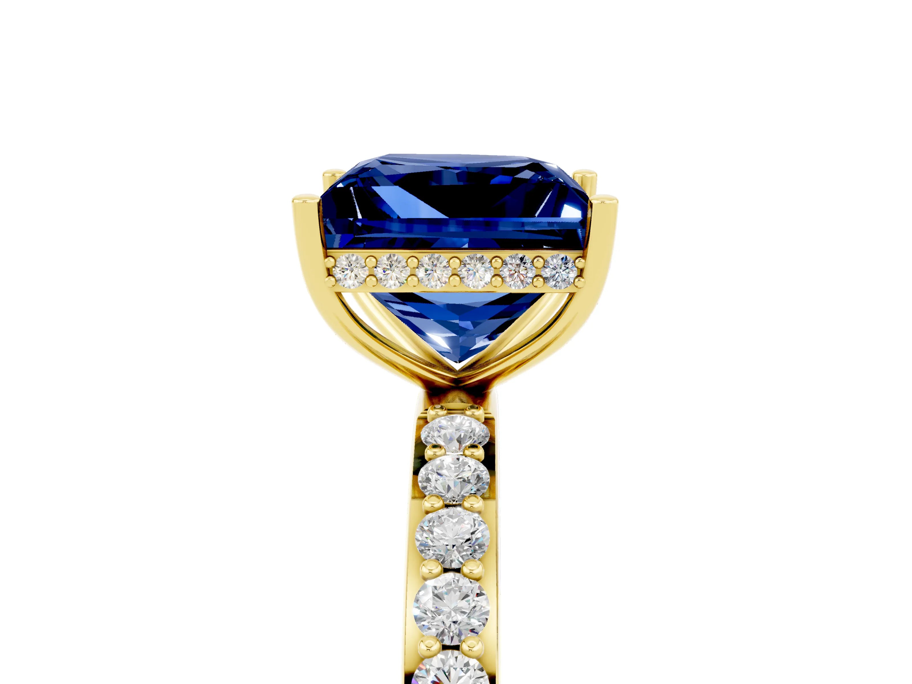 Yellow gold Princess Cut Blue Sapphire Solitaire Ring with Pavé Band and Hidden Halo_17