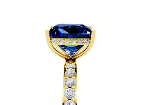 Yellow gold Princess Cut Blue Sapphire Solitaire Ring with Pavé Band and Hidden Halo_17