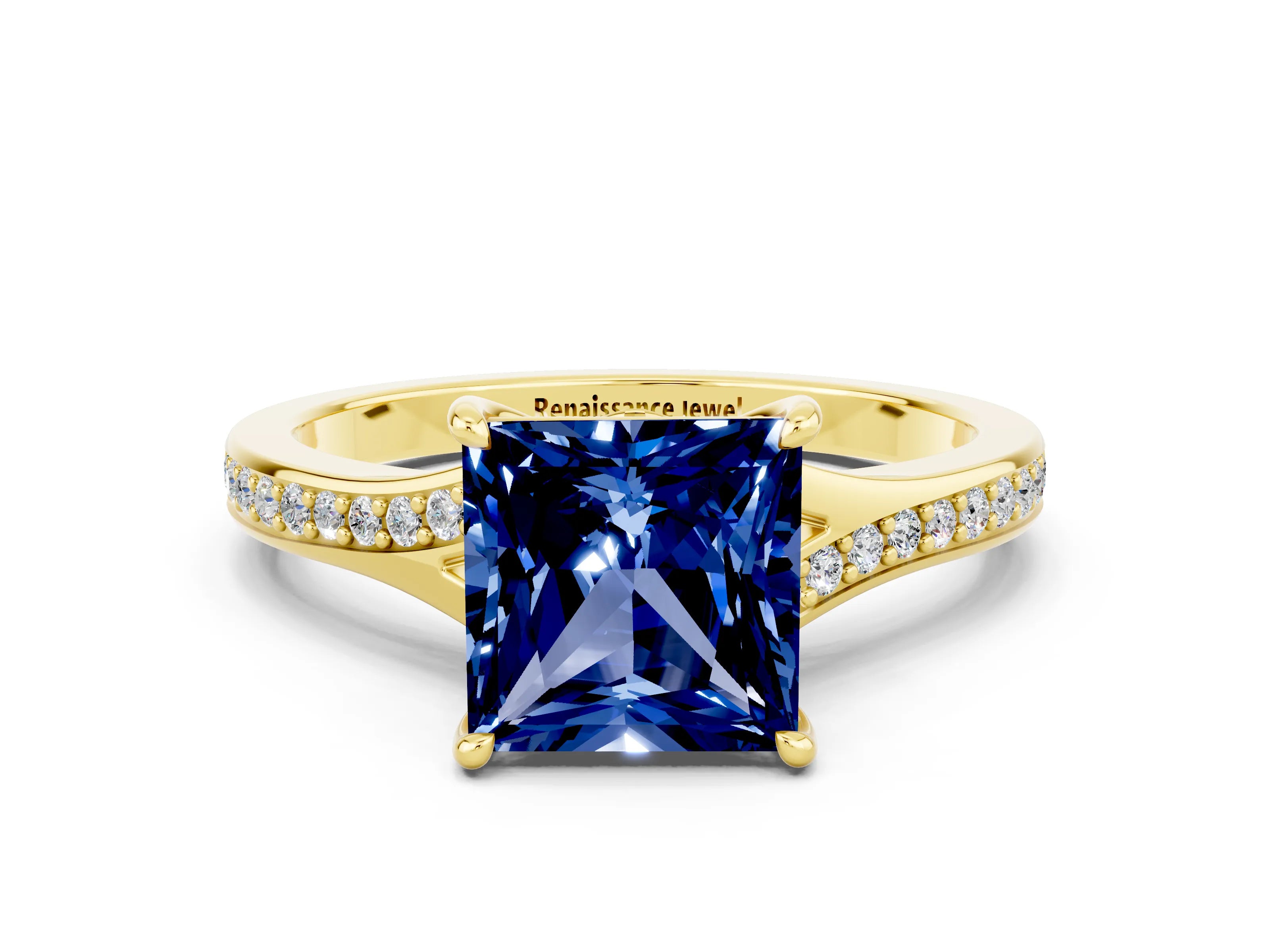 Yellow gold Princess Cut Blue Sapphire Solitaire Ring with Pavé Band and Prong Setting