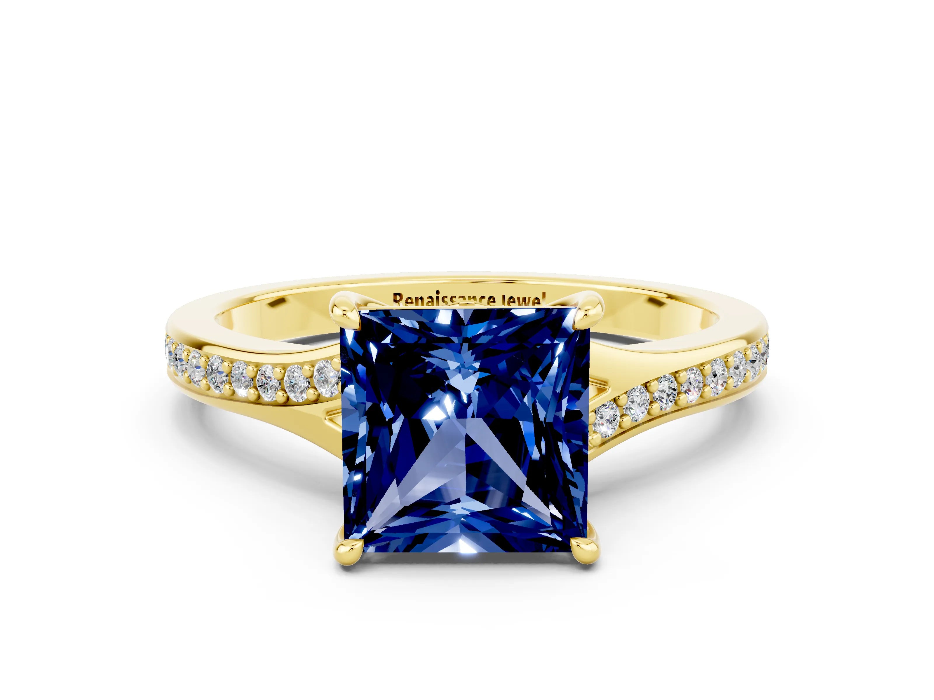 Yellow gold Princess Cut Blue Sapphire Solitaire Ring with Pavé Band and Prong Setting_12