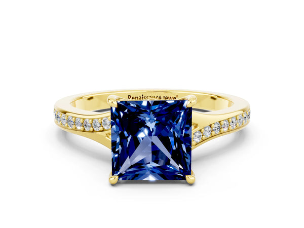 Yellow Gold Princess Cut Lab-Grown Blue Sapphire Pave Solitaire Engagement Ring