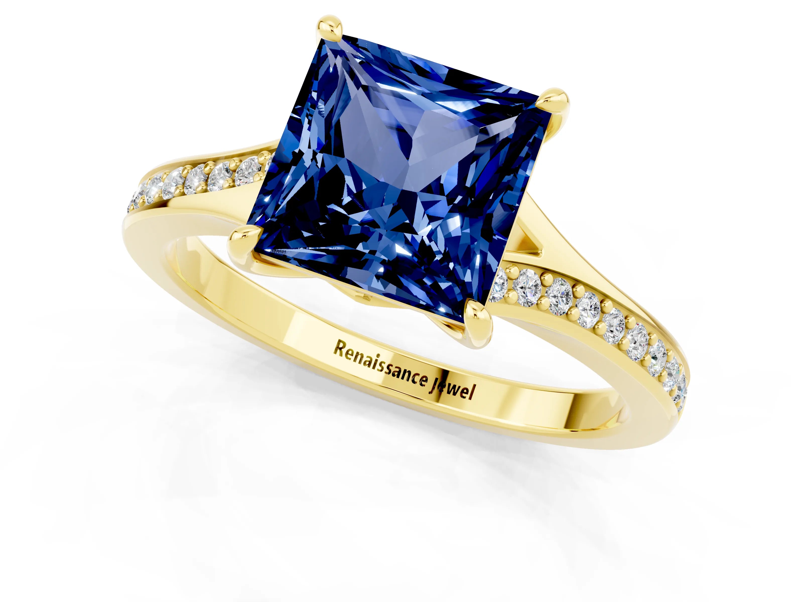 Yellow gold Princess Cut Blue Sapphire Solitaire Ring with Pavé Band and Prong Setting_13