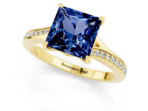 Yellow gold Princess Cut Blue Sapphire Solitaire Ring with Pavé Band and Prong Setting_13