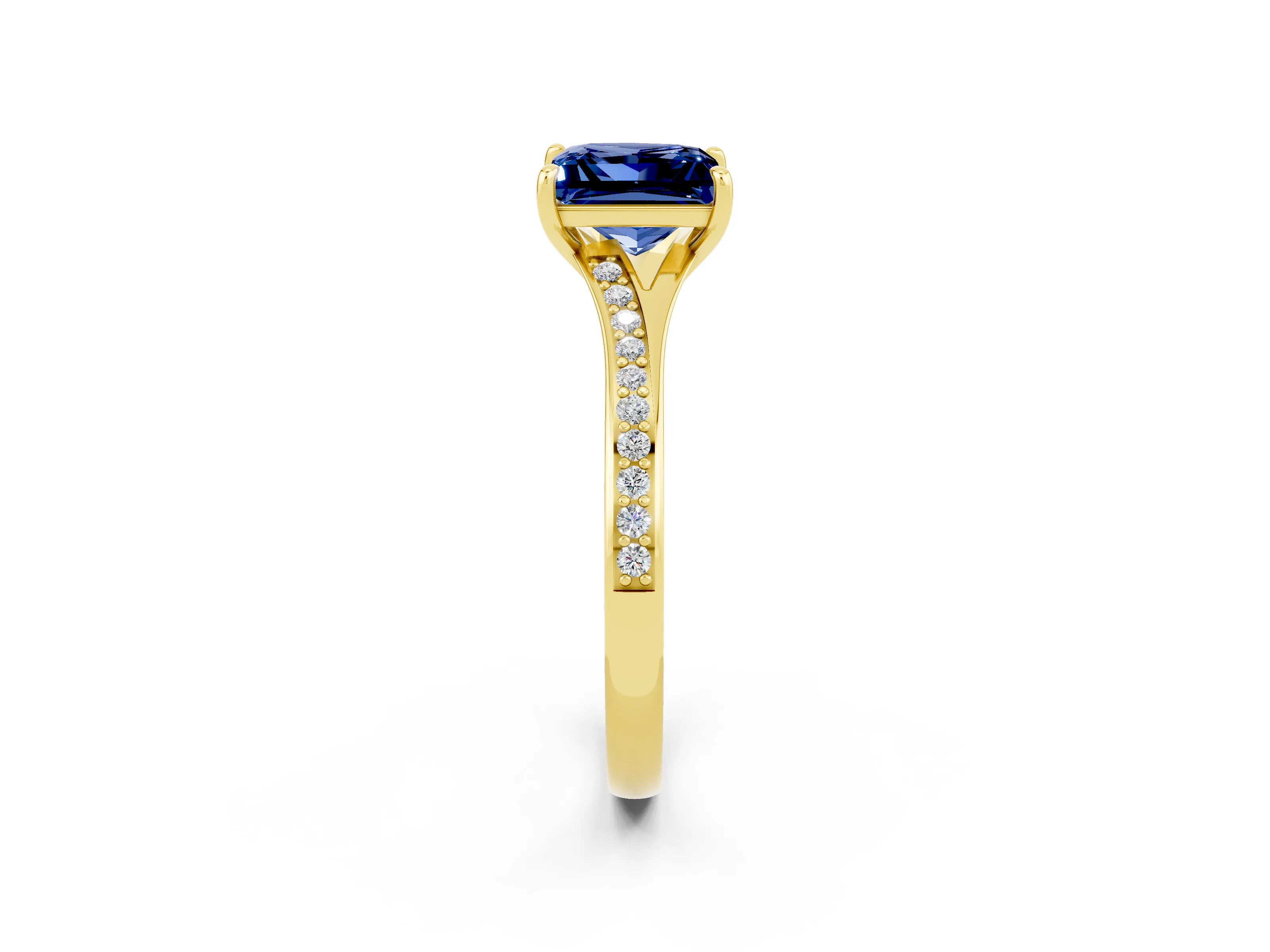 Yellow gold Princess Cut Blue Sapphire Solitaire Ring with Pavé Band and Prong Setting_14