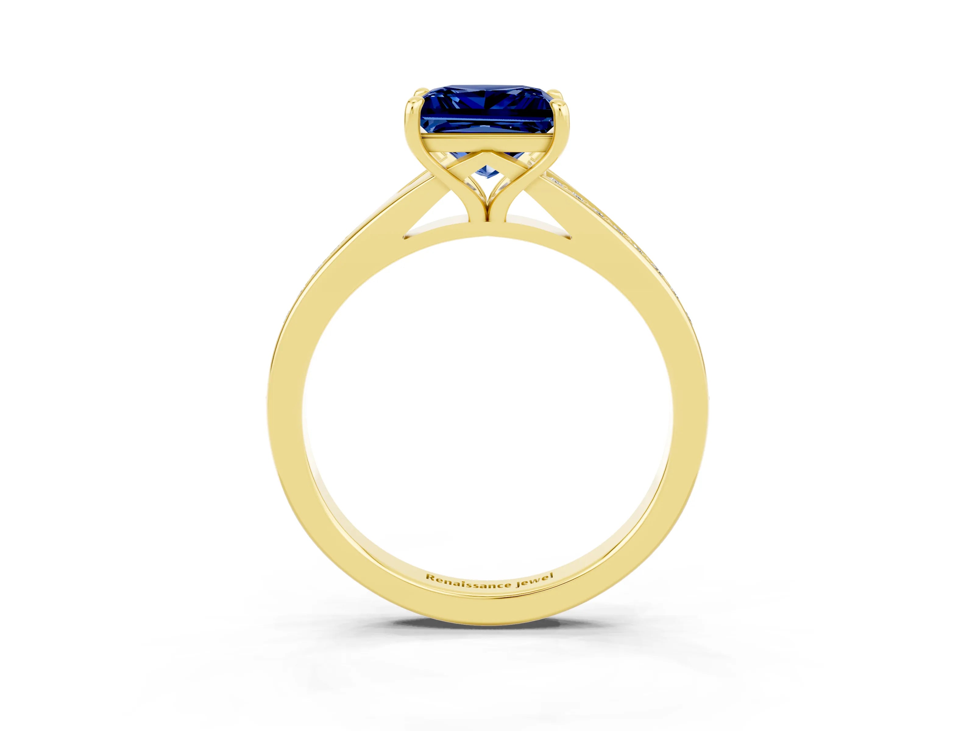 Yellow gold Princess Cut Blue Sapphire Solitaire Ring with Pavé Band and Prong Setting_15