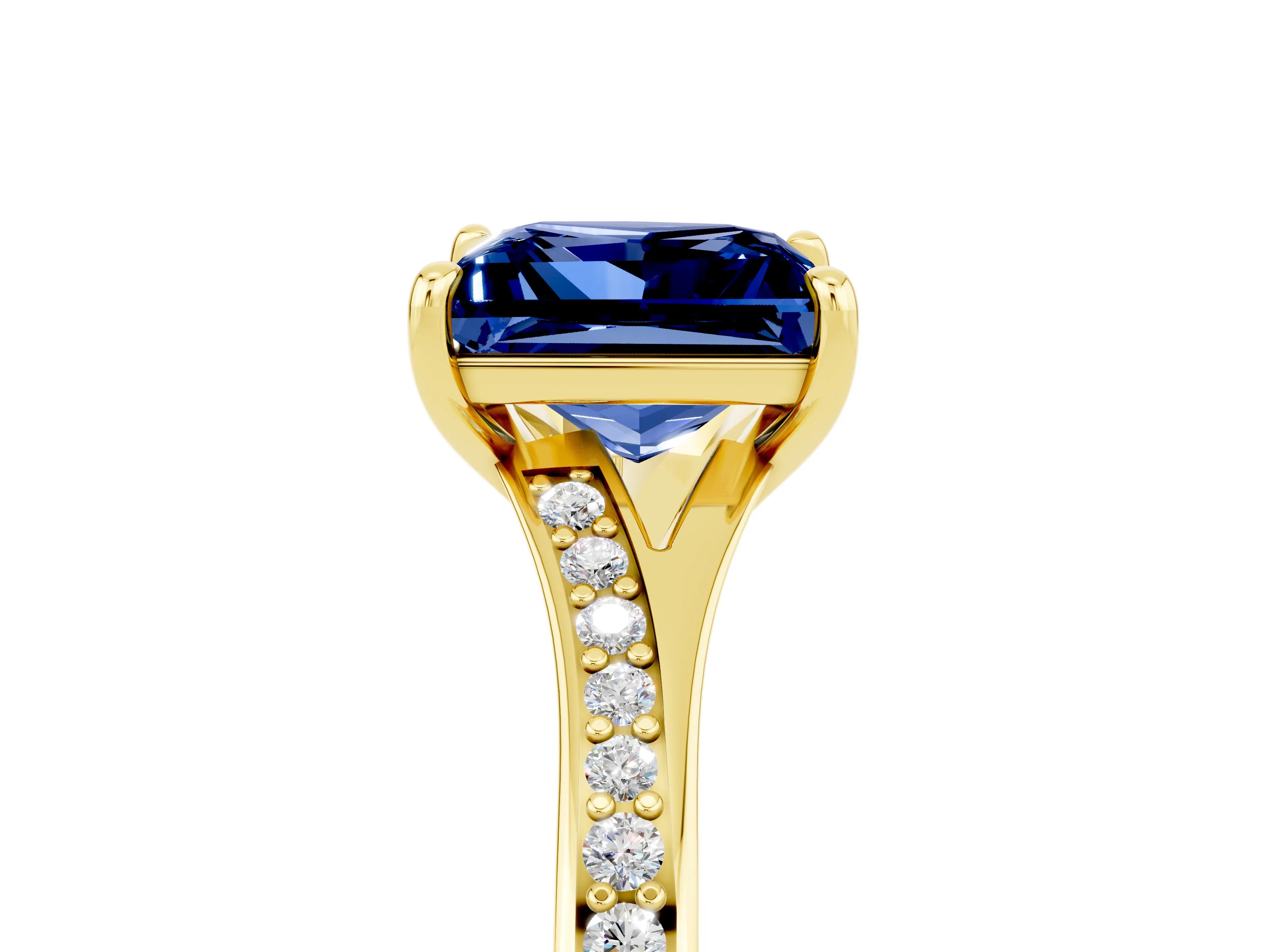 Yellow gold Princess Cut Blue Sapphire Solitaire Ring with Pavé Band and Prong Setting_17