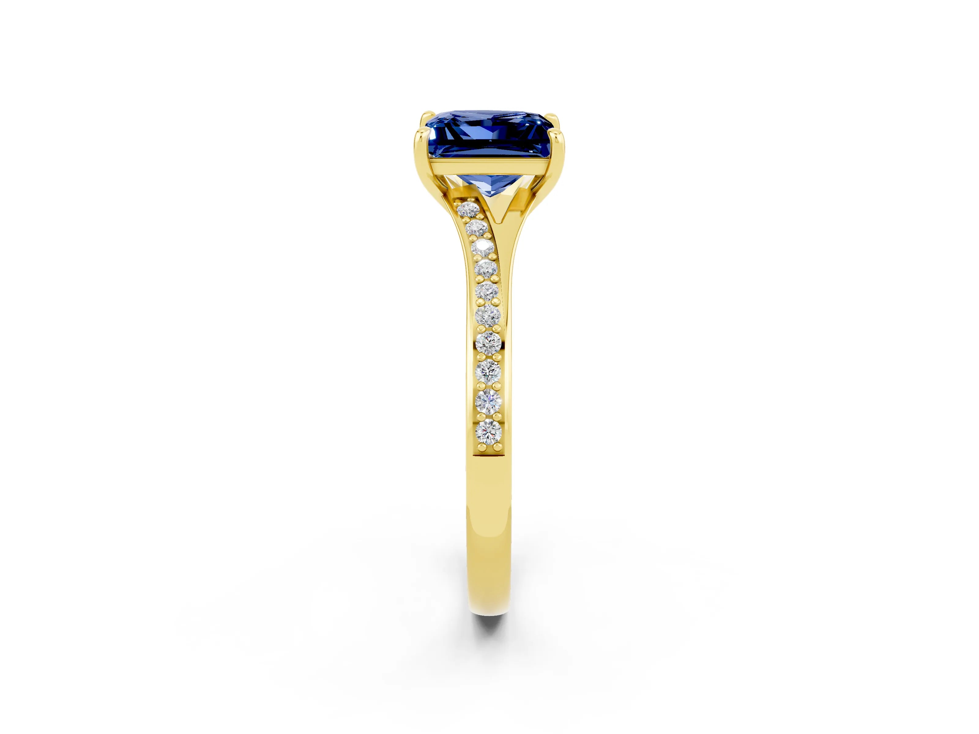 Yellow gold Princess Cut Blue Sapphire Solitaire Ring with Pavé Band and Prong Setting_2