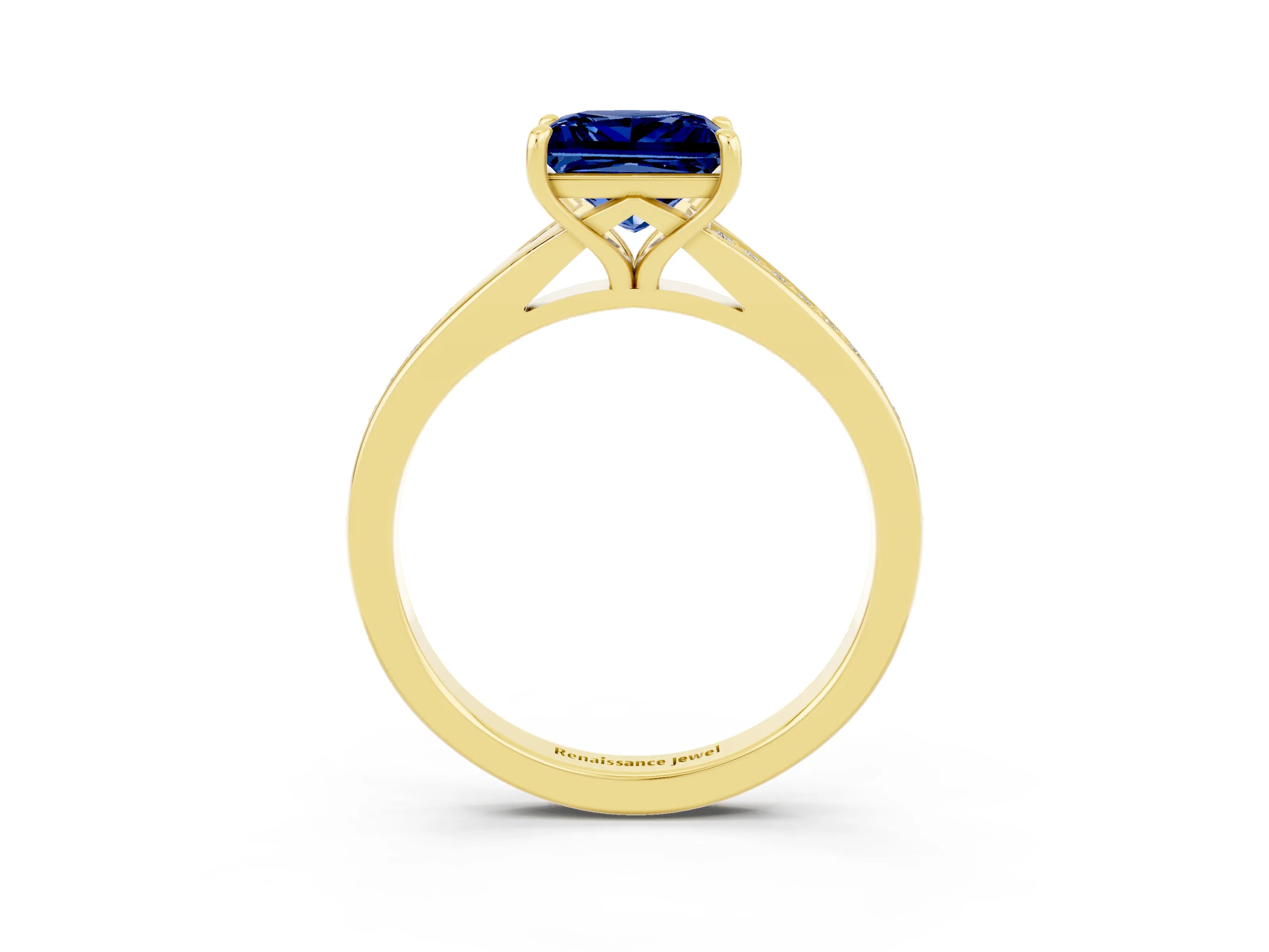 Yellow gold Princess Cut Blue Sapphire Solitaire Ring with Pavé Band and Prong Setting_3