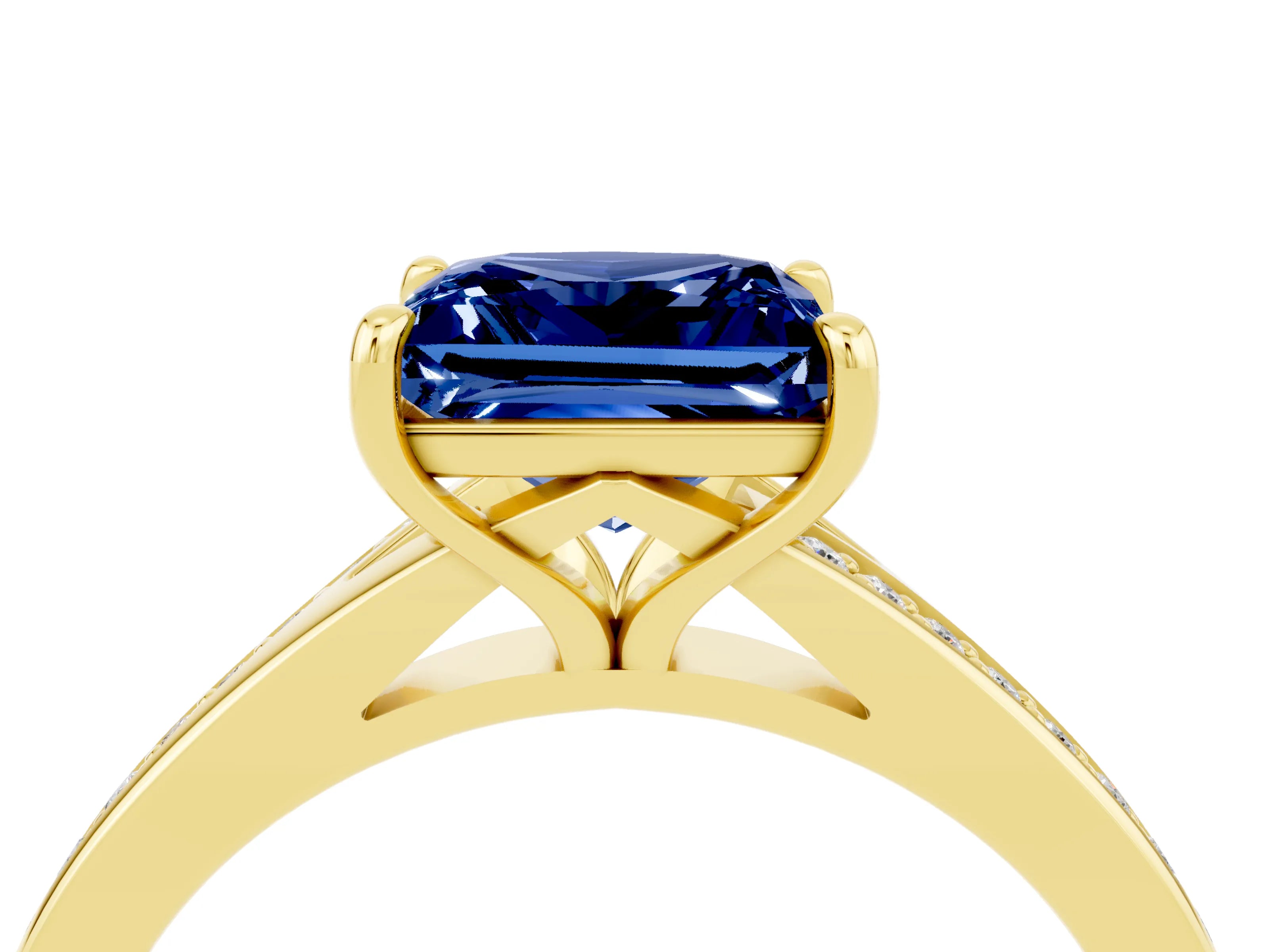 Yellow gold Princess Cut Blue Sapphire Solitaire Ring with Pavé Band and Prong Setting_4