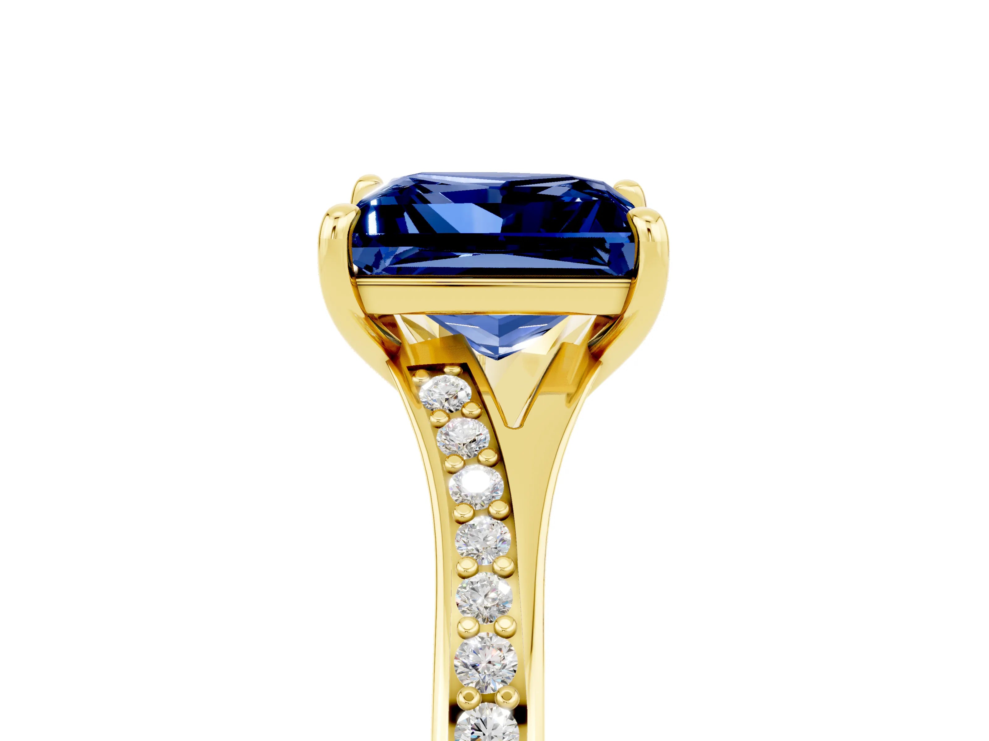 Yellow gold Princess Cut Blue Sapphire Solitaire Ring with Pavé Band and Prong Setting_5