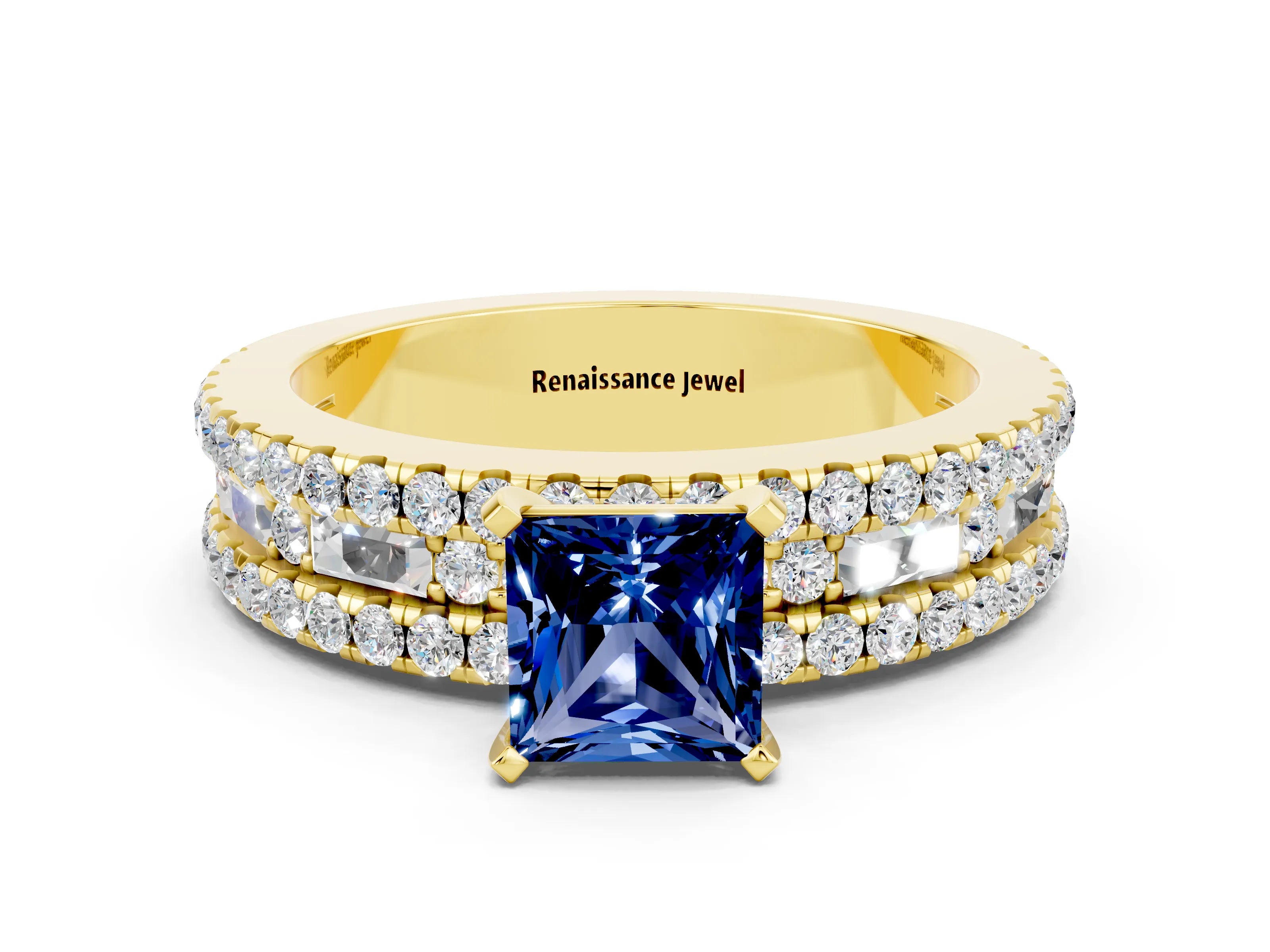Yellow gold Princess Cut Blue Sapphire Solitaire Ring with Pavé and Channel Set Band_12