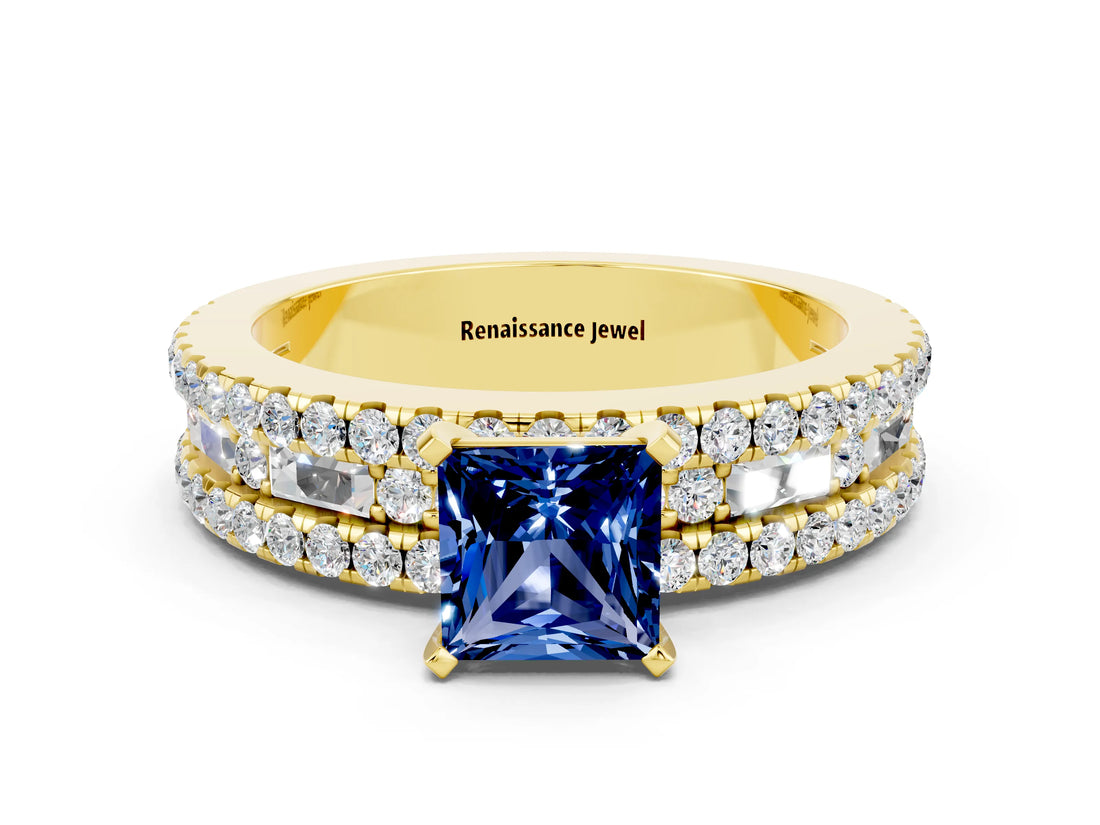Yellow gold Princess Cut Blue Sapphire Solitaire Ring with Pavé and Channel Set Band_12