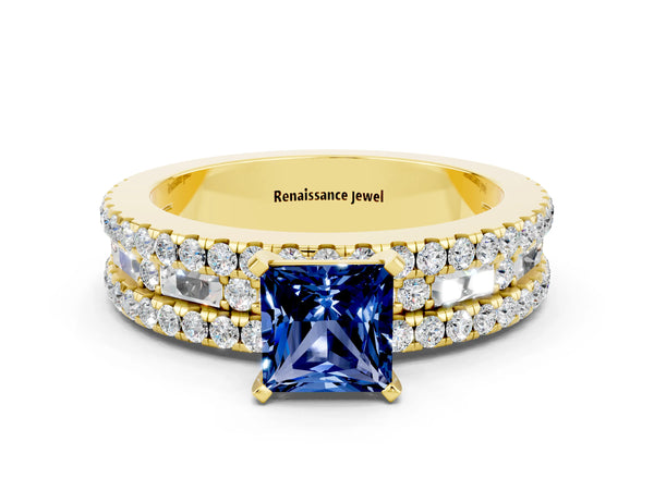 Yellow gold Princess Cut Blue Sapphire Solitaire Ring with Pavé and Channel Set Band