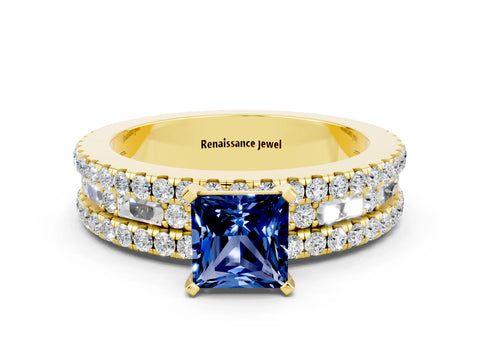 Yellow gold Princess Cut Blue Sapphire Solitaire Ring with Pavé and Channel Set Band_12